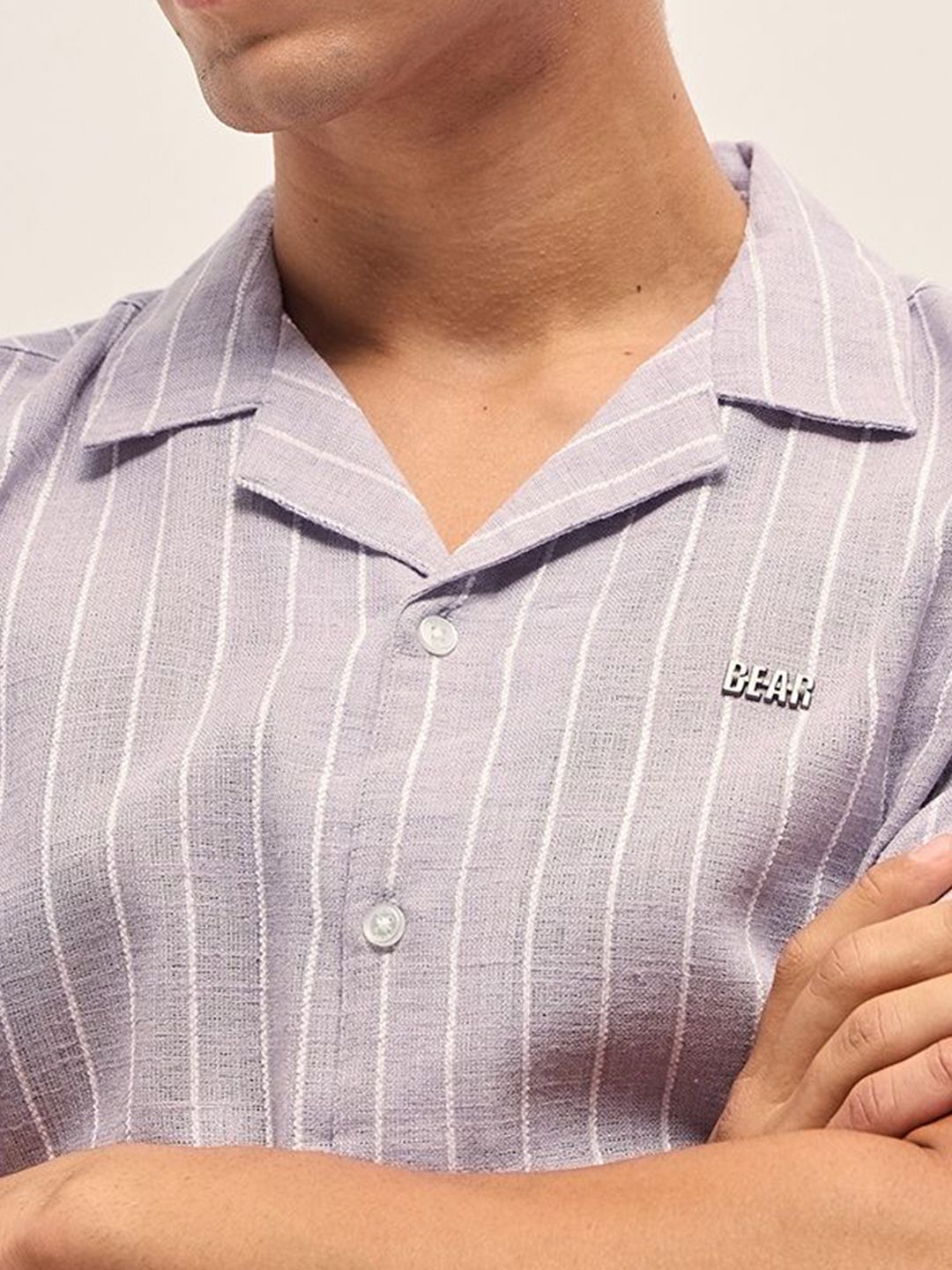 Men Vertical Striped Cuban Collar Linen Casual Shirt