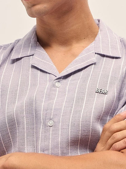 Men Vertical Striped Cuban Collar Linen Casual Shirt