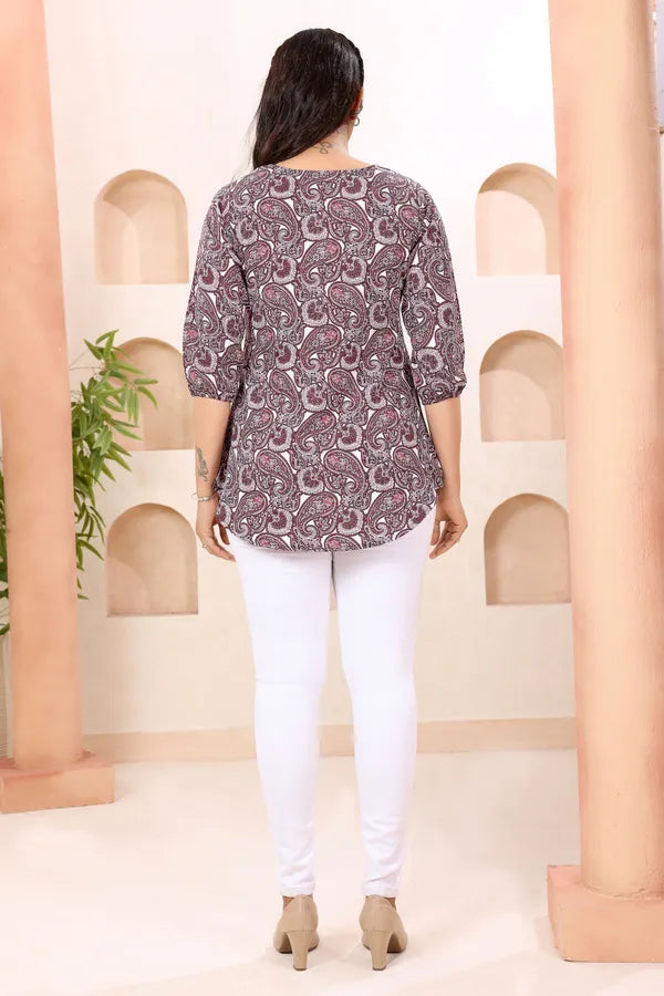 Paisely Print Round Neck Short Tunic Top for Women