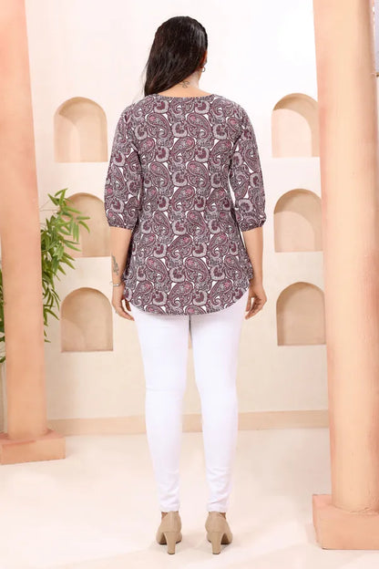 Paisely Print Round Neck Short Tunic Top for Women