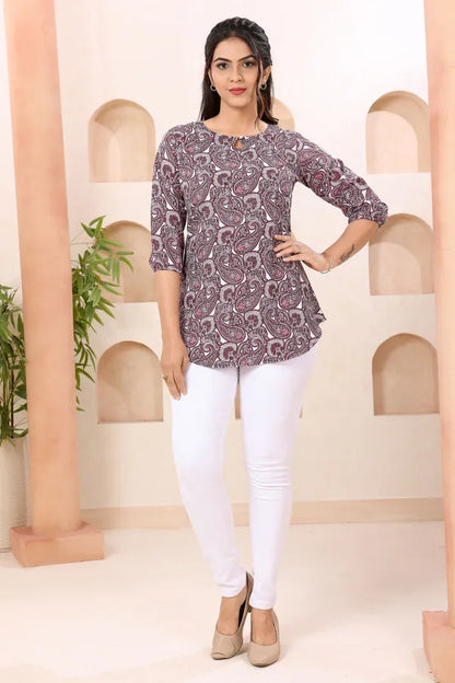 Paisely Print Round Neck Short Tunic Top for Women