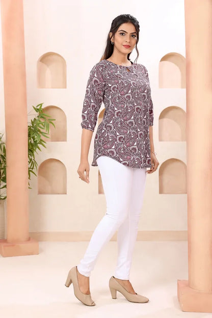 Paisely Print Round Neck Short Tunic Top for Women