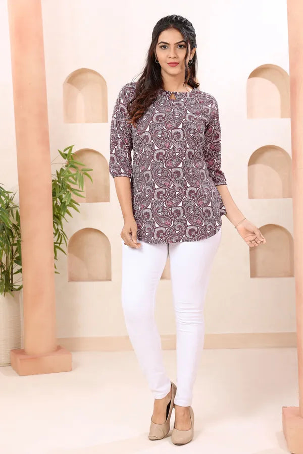 Paisely Print Round Neck Short Tunic Top for Women