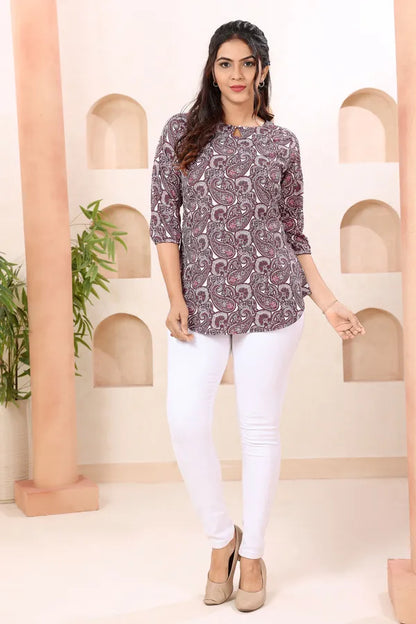 Paisely Print Round Neck Short Tunic Top for Women