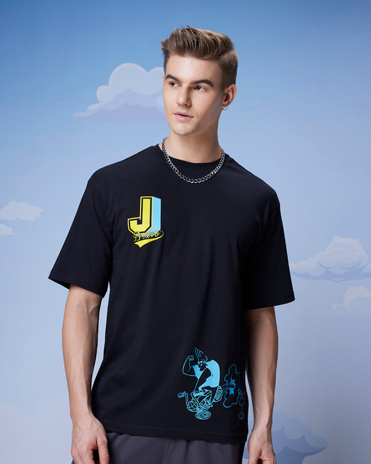 Men's Black Johnny Biker Graphic Printed Oversized T-shirt