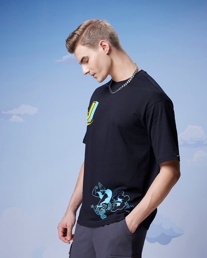 Men's Black Johnny Biker Graphic Printed Oversized T-shirt