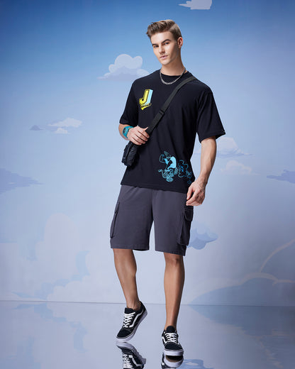 Men's Black Johnny Biker Graphic Printed Oversized T-shirt