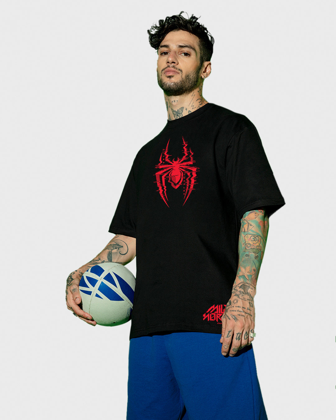 Men's Black Across The Spiderverse Graphic Printed Oversized T-shirt