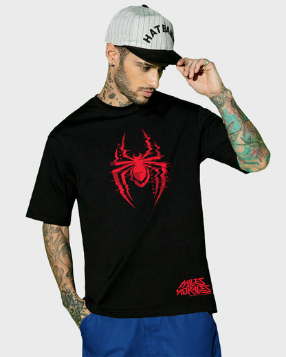 Men's Black Across The Spiderverse Graphic Printed Oversized T-shirt