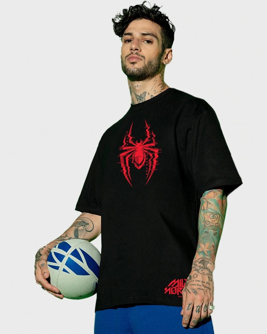 Men's Black Across The Spiderverse Graphic Printed Oversized T-shirt