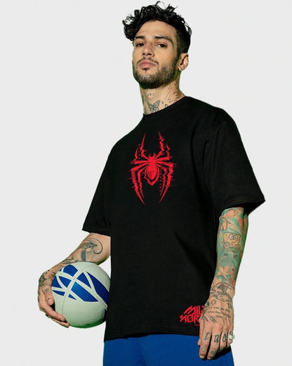 Men's Black Across The Spiderverse Graphic Printed Oversized T-shirt