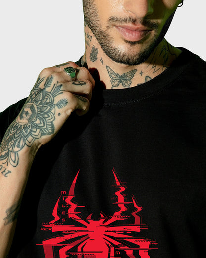 Men's Black Across The Spiderverse Graphic Printed Oversized T-shirt