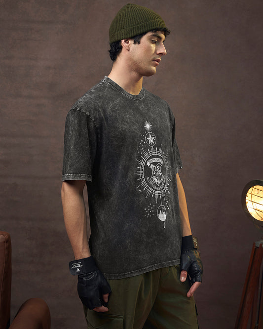Men's Black Crest Mark Graphic Printed Oversized Acid Wash T-shirt