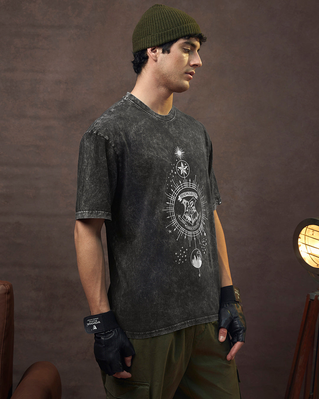 Men's Black Crest Mark Graphic Printed Oversized Acid Wash T-shirt
