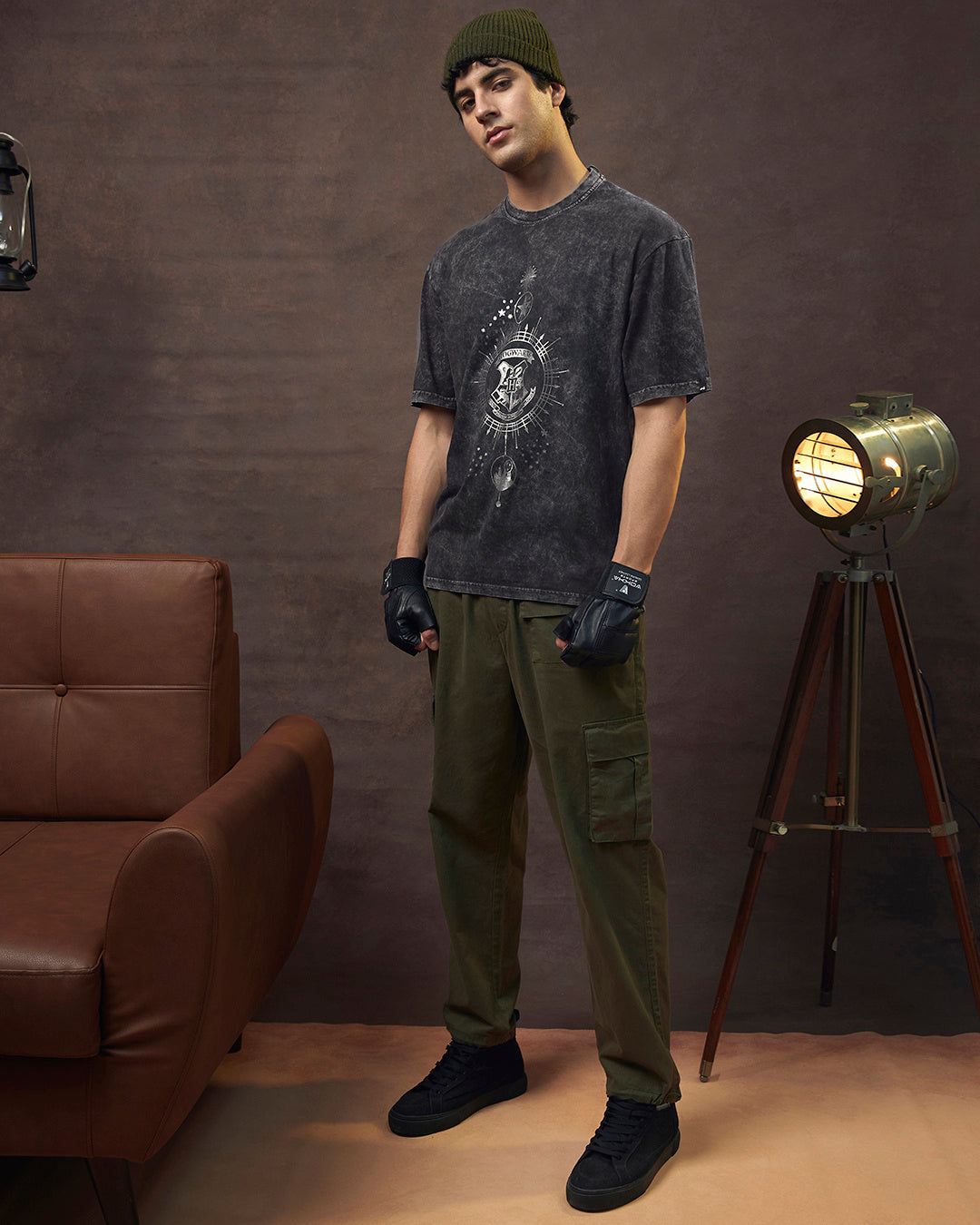 Men's Black Crest Mark Graphic Printed Oversized Acid Wash T-shirt