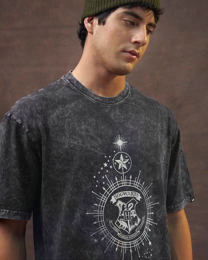 Men's Black Crest Mark Graphic Printed Oversized Acid Wash T-shirt