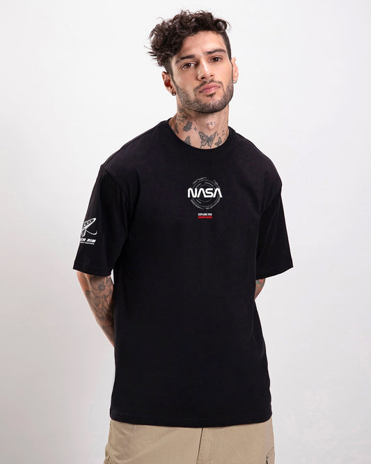 Men's Black Explorer NASA Graphic Printed Oversized T-shirt