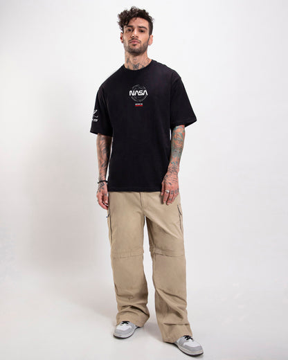 Men's Black Explorer NASA Graphic Printed Oversized T-shirt