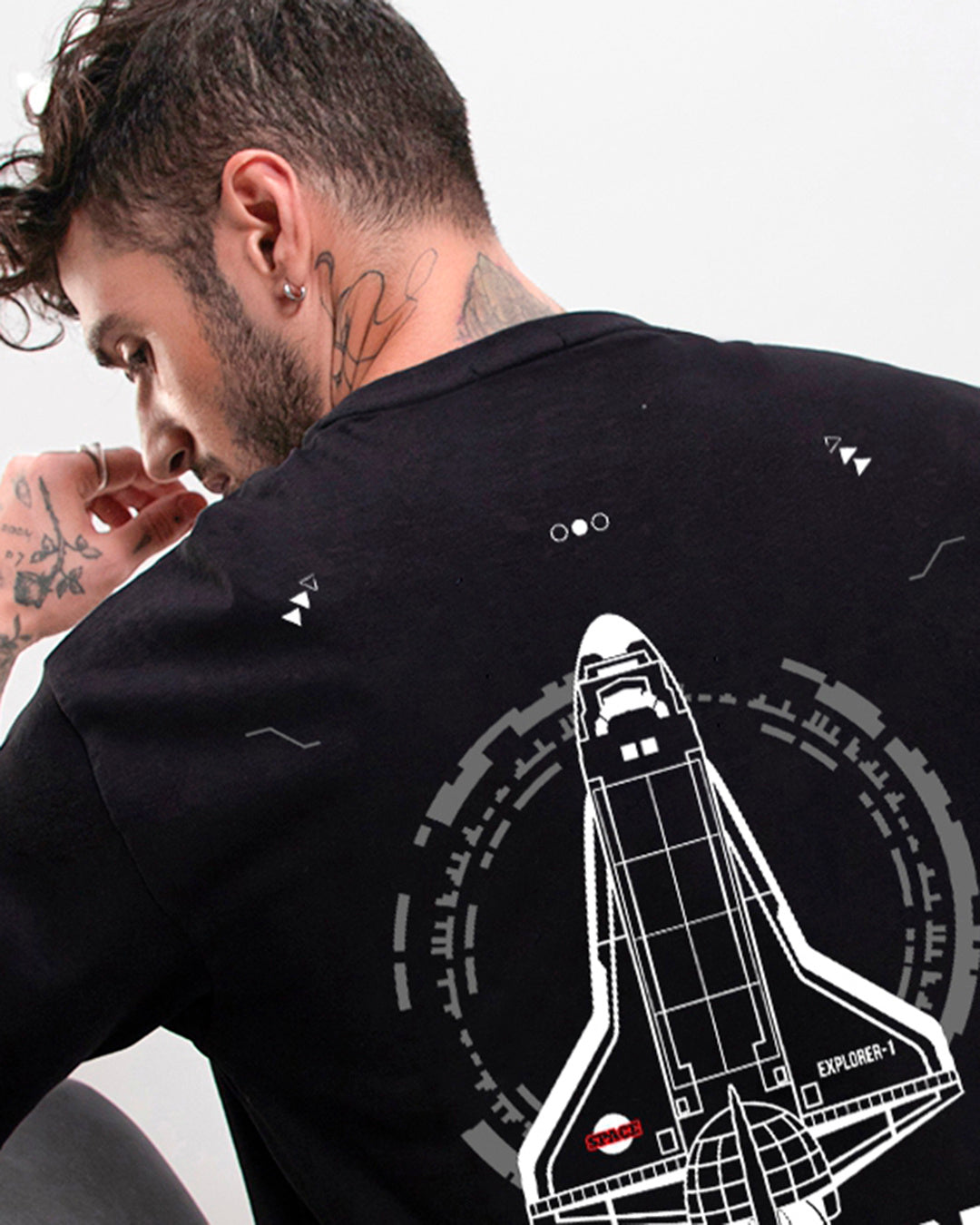 Men's Black Explorer NASA Graphic Printed Oversized T-shirt