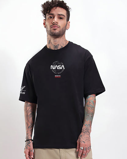 Men's Black Explorer NASA Graphic Printed Oversized T-shirt