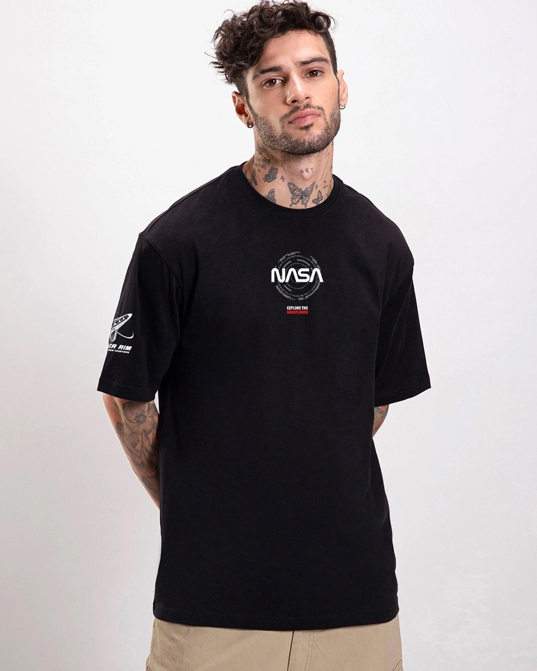 Men's Black Explorer NASA Graphic Printed Oversized T-shirt