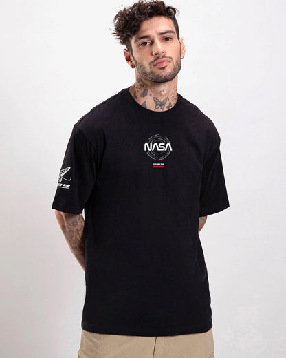 Men's Black Explorer NASA Graphic Printed Oversized T-shirt