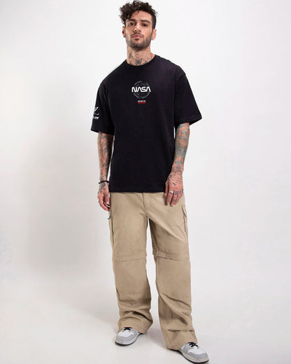 Men's Black Explorer NASA Graphic Printed Oversized T-shirt