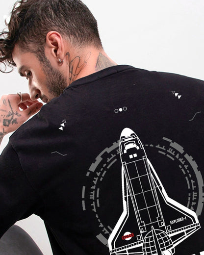 Men's Black Explorer NASA Graphic Printed Oversized T-shirt