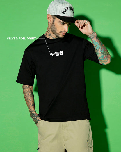 Men's Black Guardian Wings Graphic Printed Oversized T-shirt