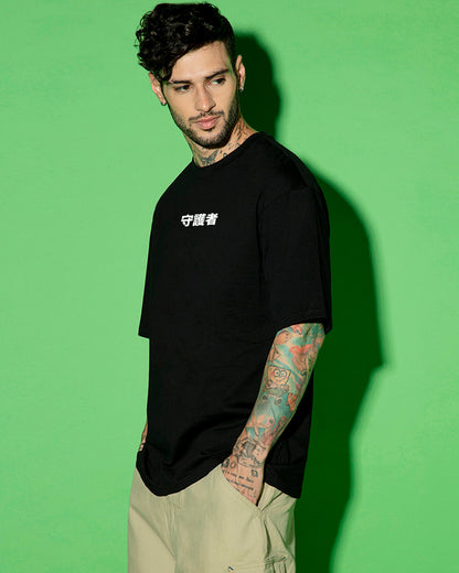 Men's Black Guardian Wings Graphic Printed Oversized T-shirt