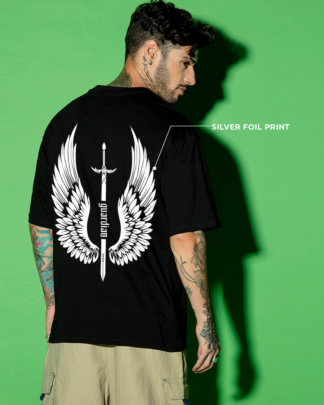 Men's Black Guardian Wings Graphic Printed Oversized T-shirt