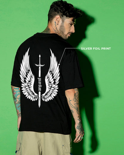 Men's Black Guardian Wings Graphic Printed Oversized T-shirt