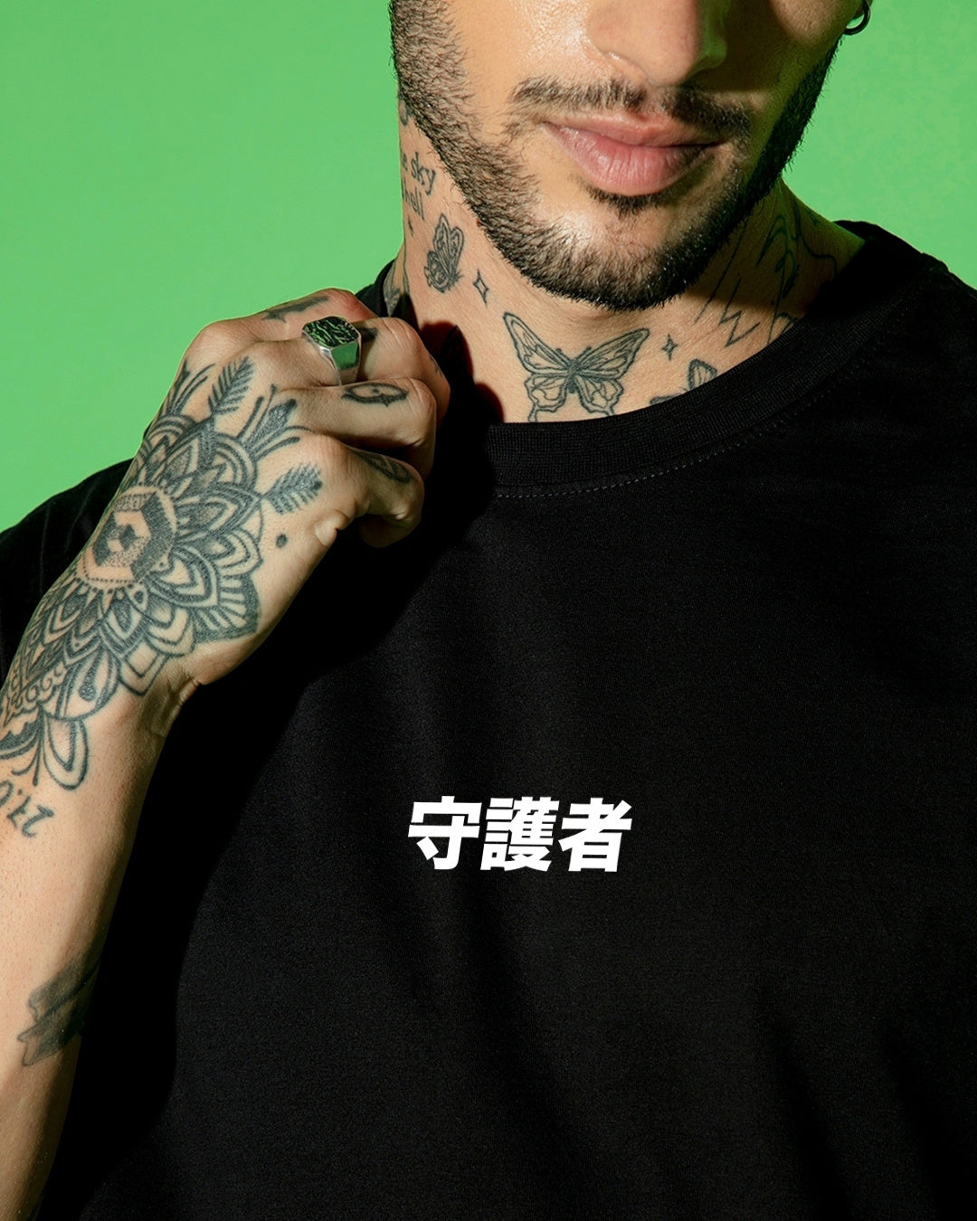 Men's Black Guardian Wings Graphic Printed Oversized T-shirt