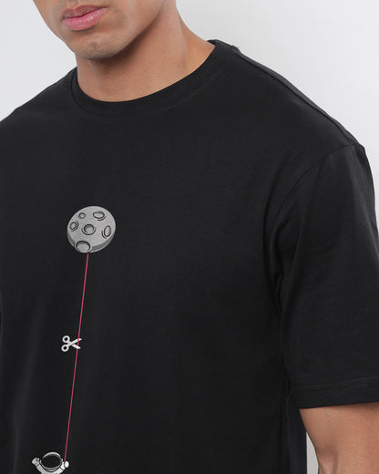 Men's Black Hangin Astronaut Graphic Printed Oversized T-shirt