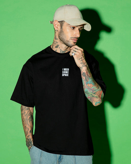 Men's Black I Need Some Space Teddy Graphic Printed Oversized T-shirt