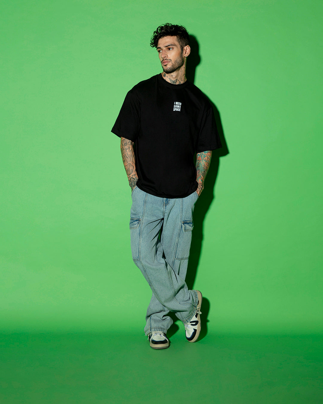 Men's Black I Need Some Space Teddy Graphic Printed Oversized T-shirt