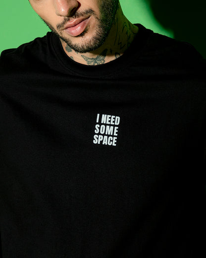 Men's Black I Need Some Space Teddy Graphic Printed Oversized T-shirt