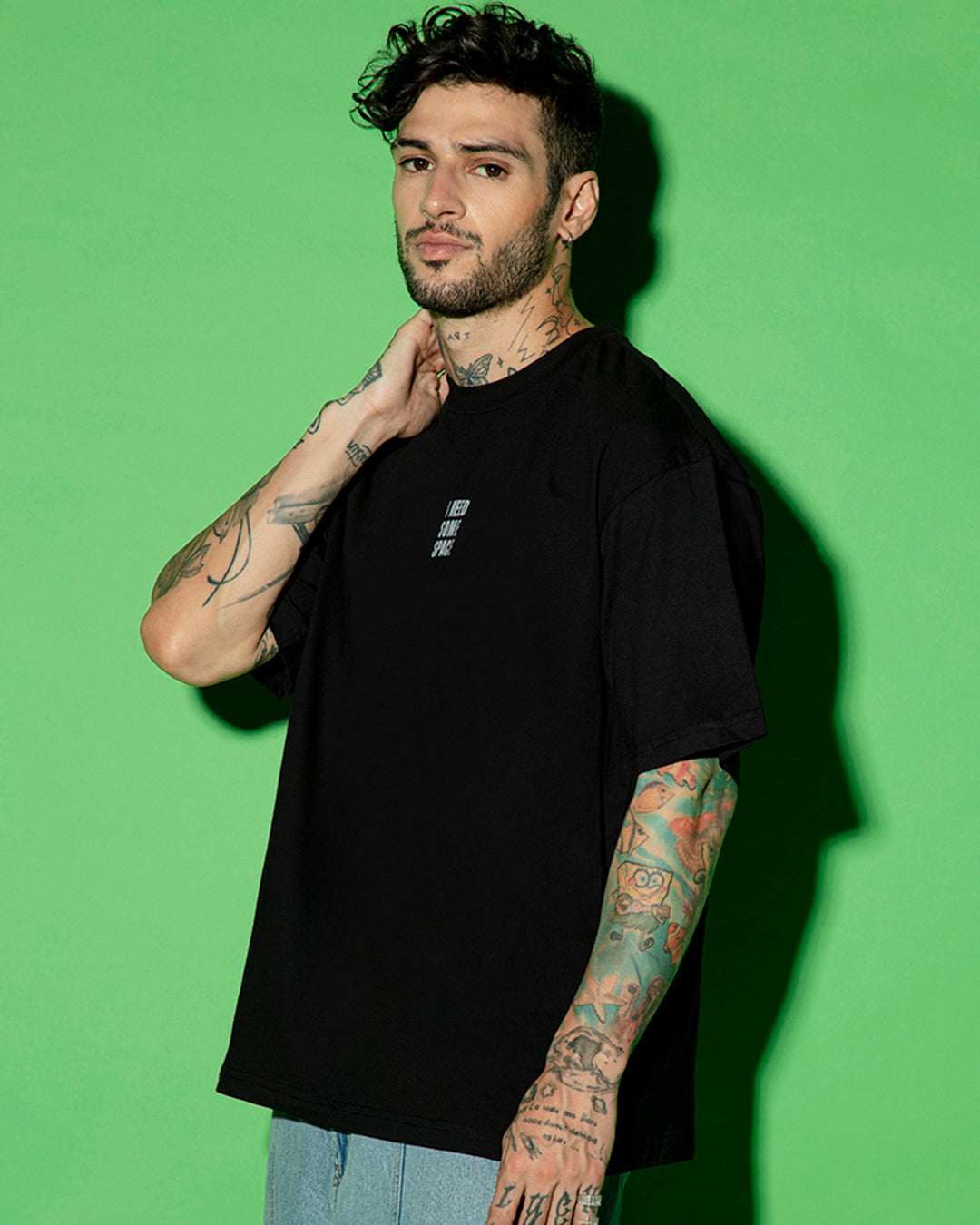 Men's Black I Need Some Space Teddy Graphic Printed Oversized T-shirt