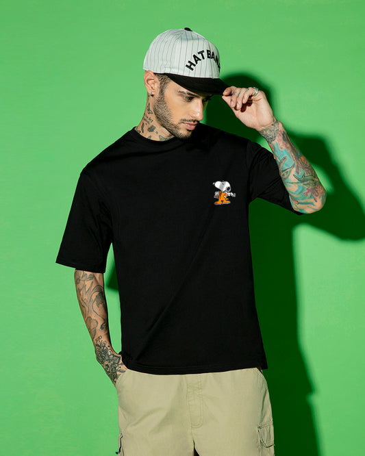 Men's Black Need Space Snoopy Graphic Printed Oversized T-shirt