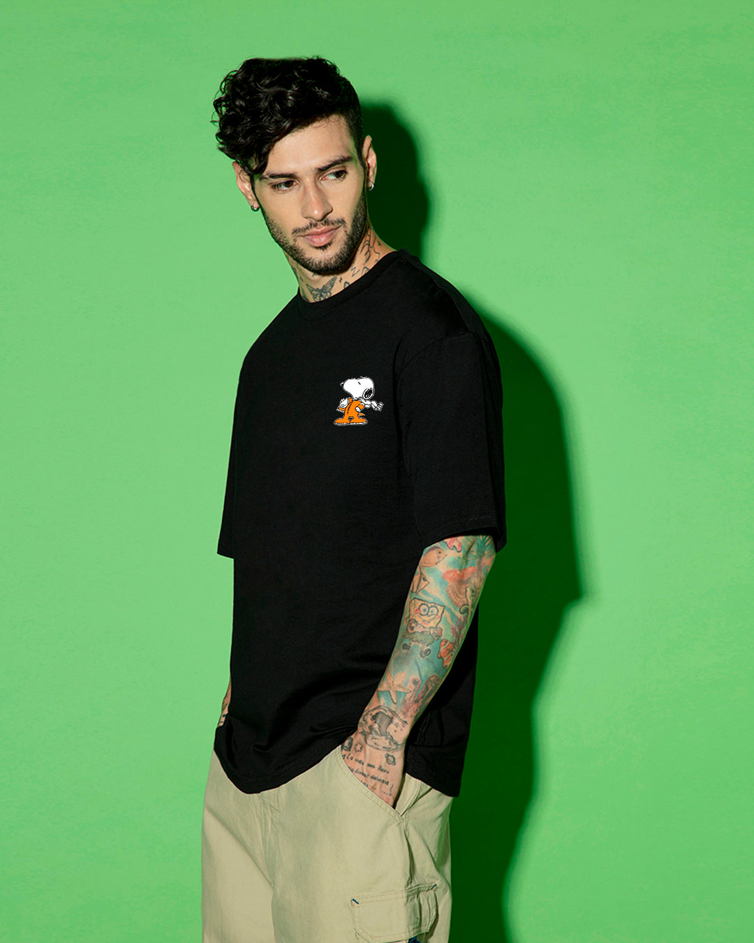 Men's Black Need Space Snoopy Graphic Printed Oversized T-shirt
