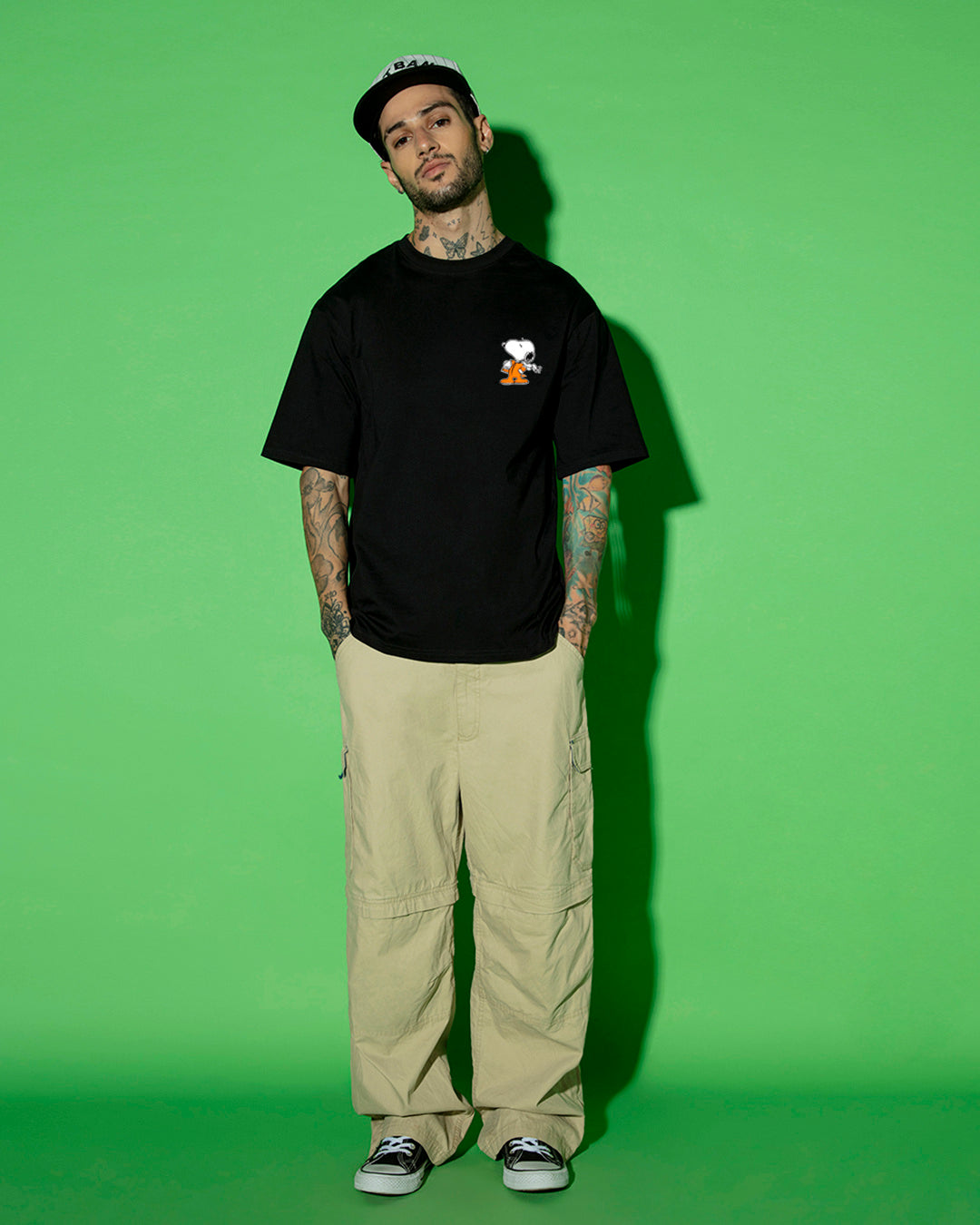 Men's Black Need Space Snoopy Graphic Printed Oversized T-shirt