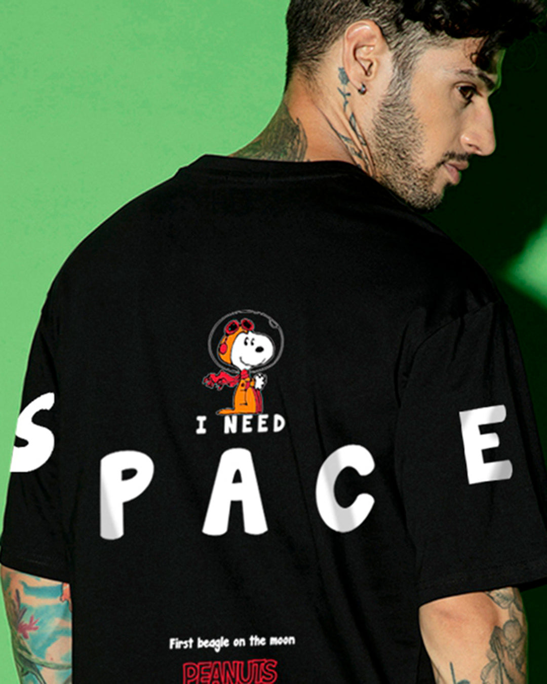 Men's Black Need Space Snoopy Graphic Printed Oversized T-shirt