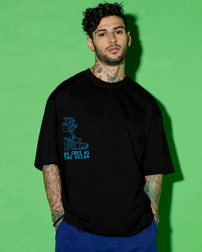 Men's Black Ocean Child Graphic Printed Oversized T-shirt