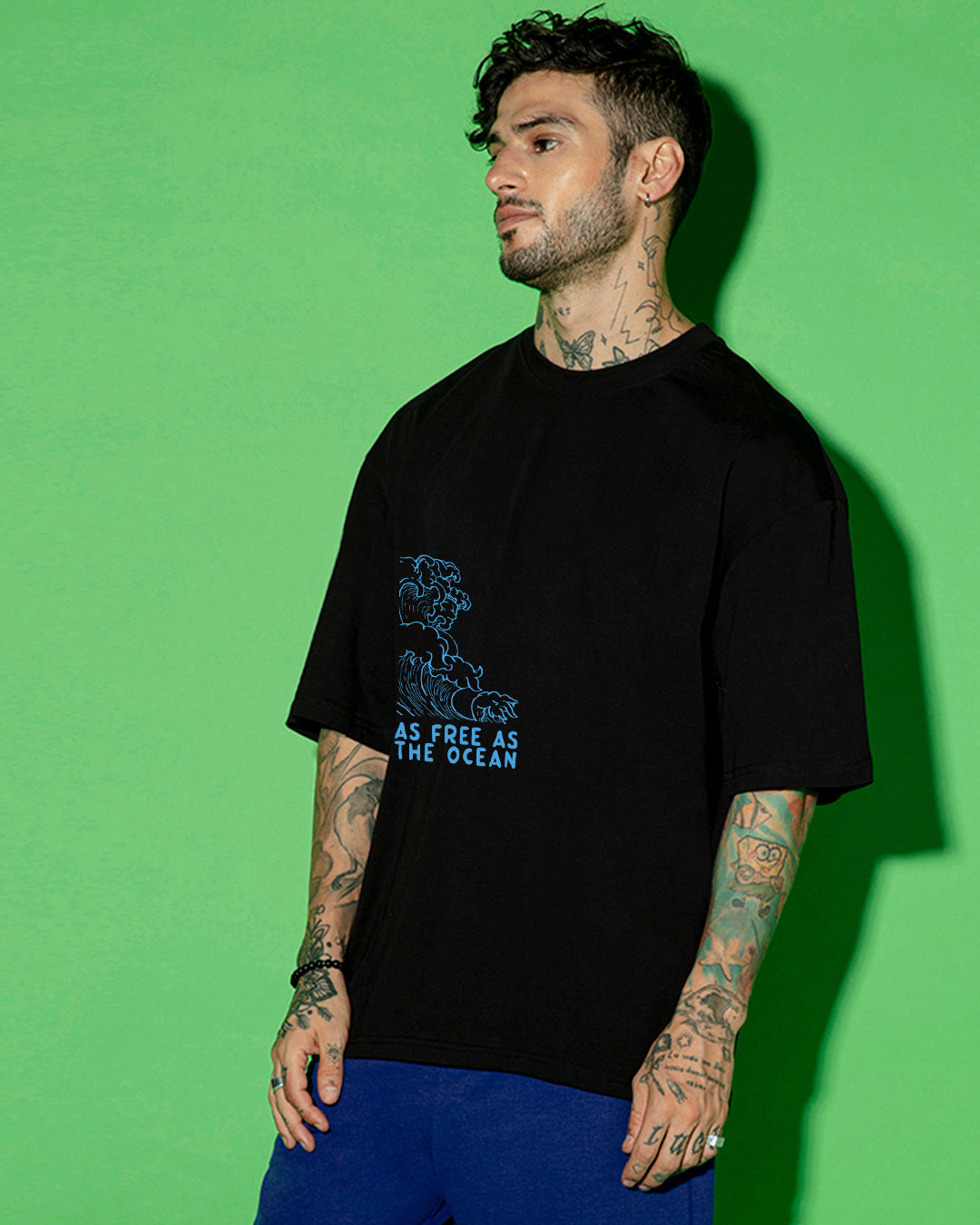 Men's Black Ocean Child Graphic Printed Oversized T-shirt