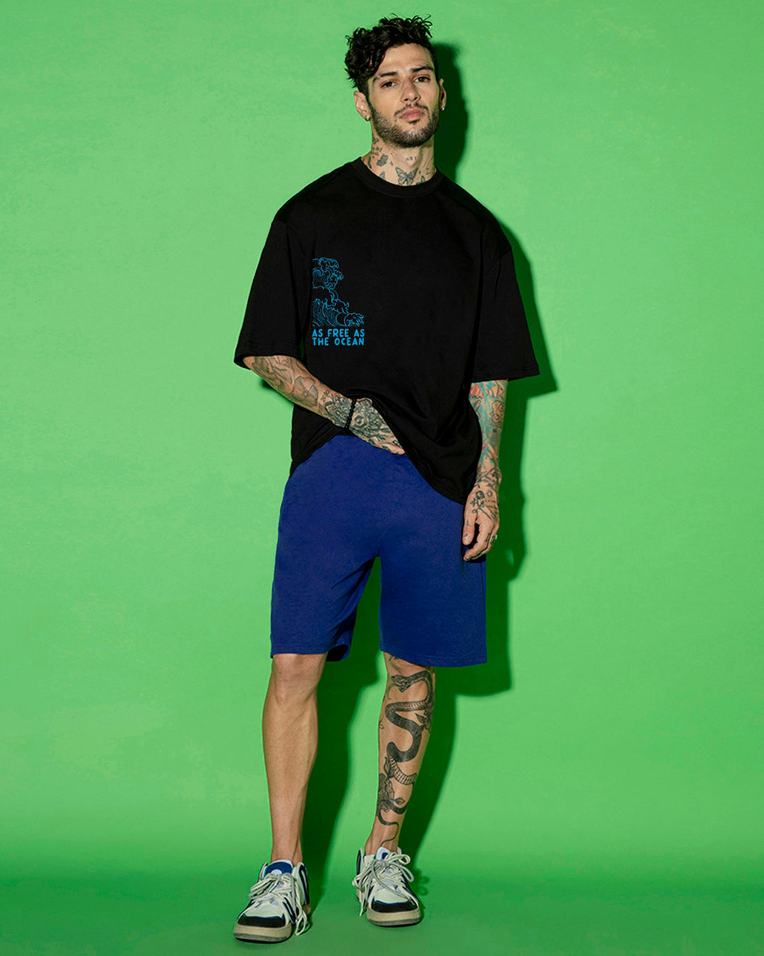 Men's Black Ocean Child Graphic Printed Oversized T-shirt