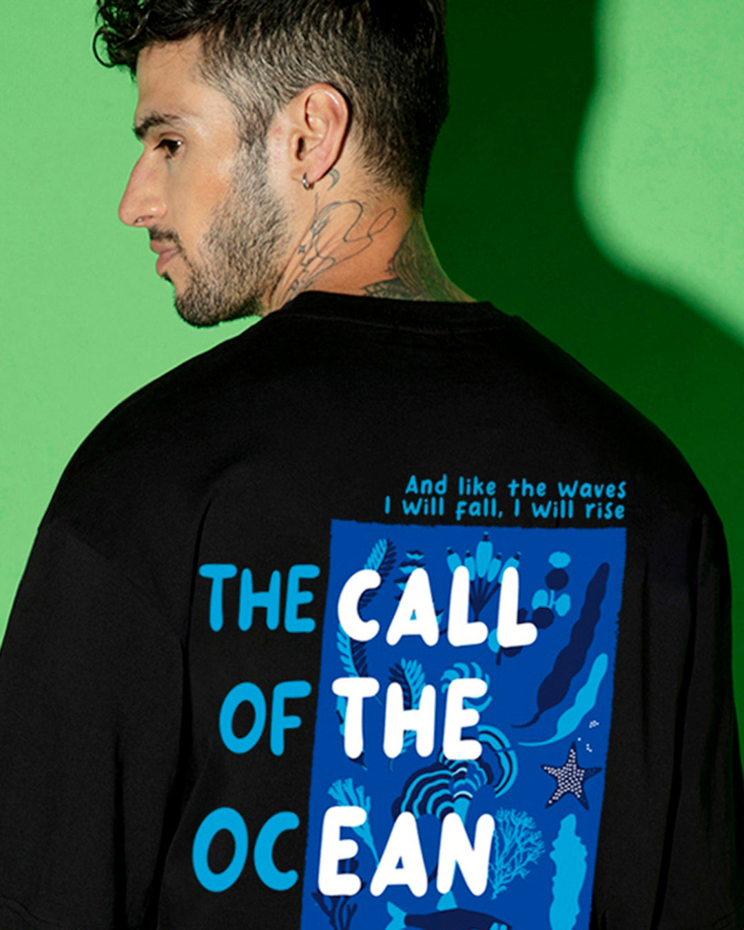 Men's Black Ocean Child Graphic Printed Oversized T-shirt