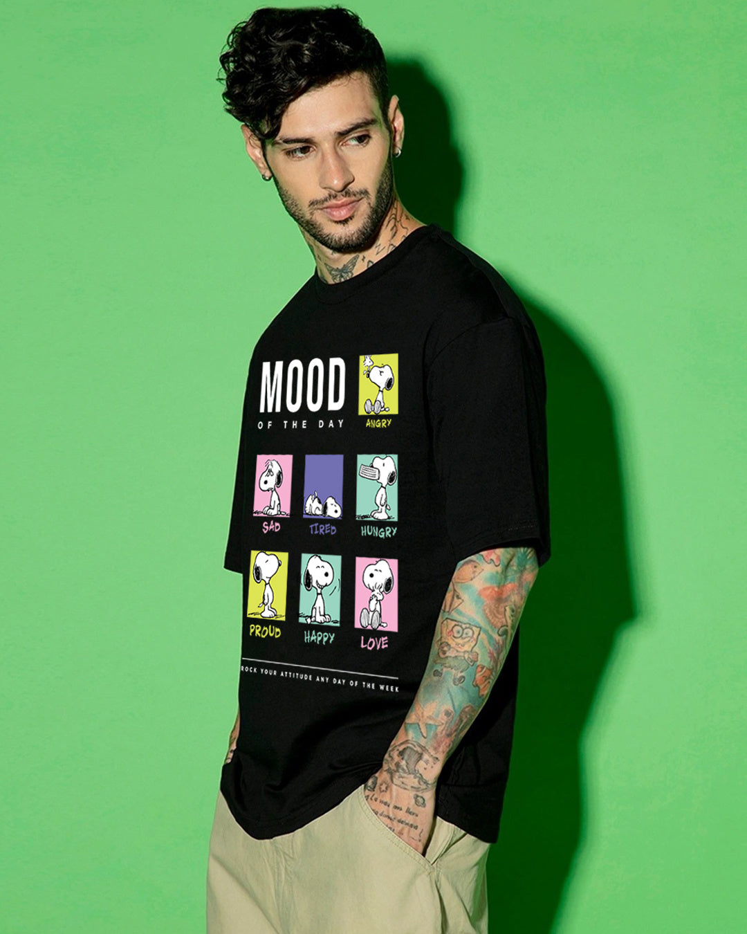 Men's Black Snoopy Mood Graphic Printed Oversized T-shirt