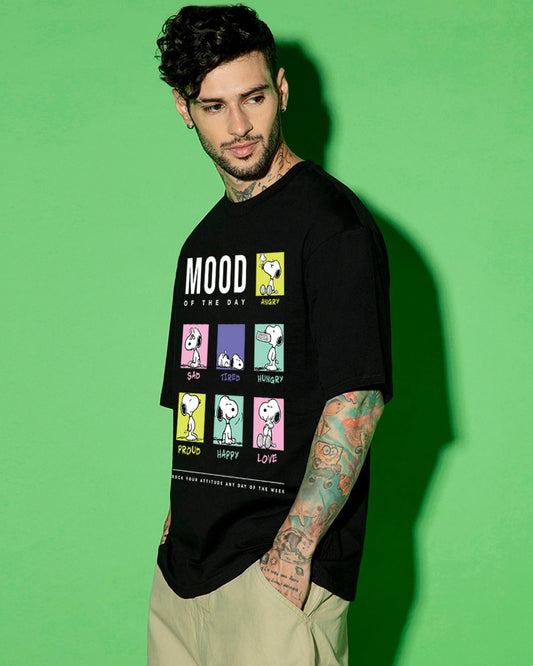Men's Black Snoopy Mood Graphic Printed Oversized T-shirt