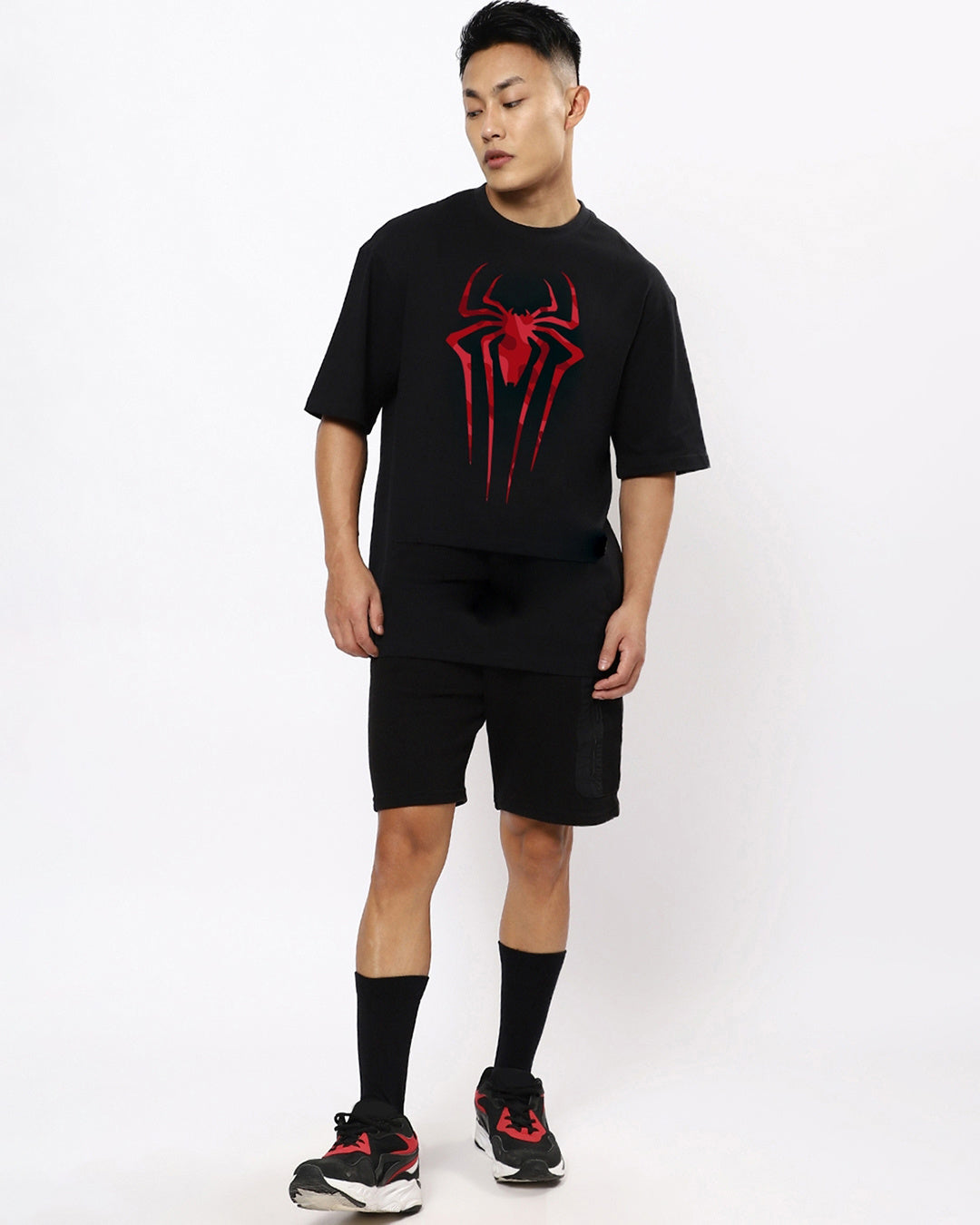 Men's Black Spider Blend Graphic Printed Oversized T-shirt
