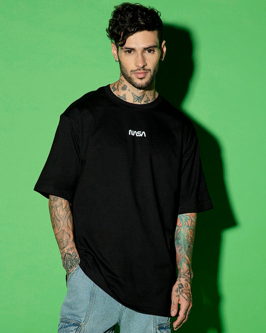 Men's Black Universal Astro Graphic Printed Oversized T-shirt